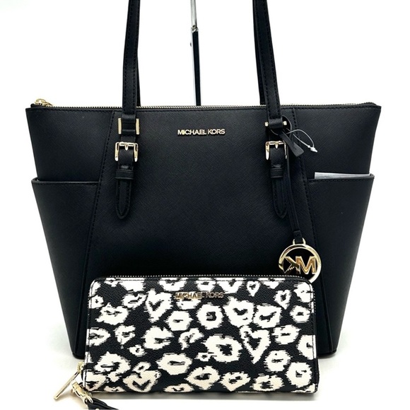 Michael Kors Large Charlotte Tote Bag & Large Continental Wallet Wristlet Black - Picture 1 of 15